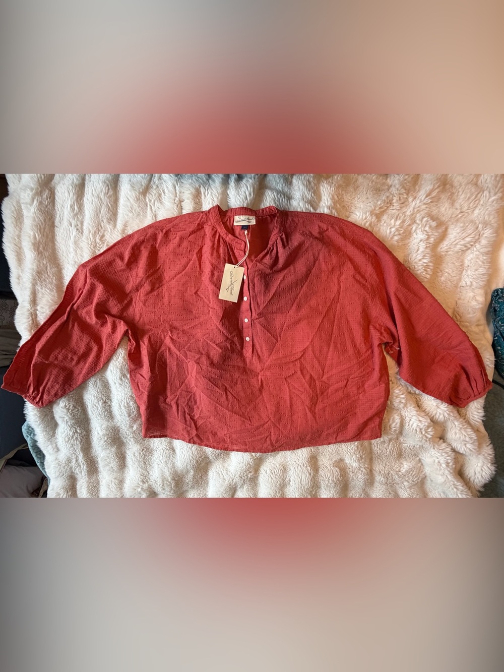 NWT Universal Thread Red Rust Textured Cotton Blouse Size L Puff Sleeve